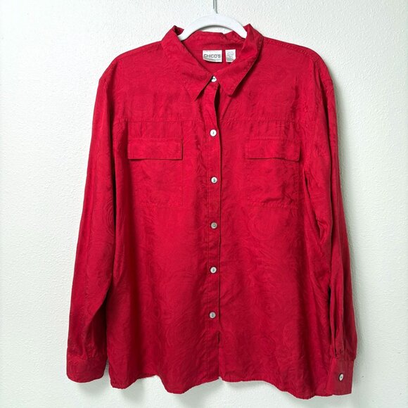 Chicos Button Front Top Size 3 XL Red 100% Silk Textured Print Long Sleeve - Picture 1 of 10